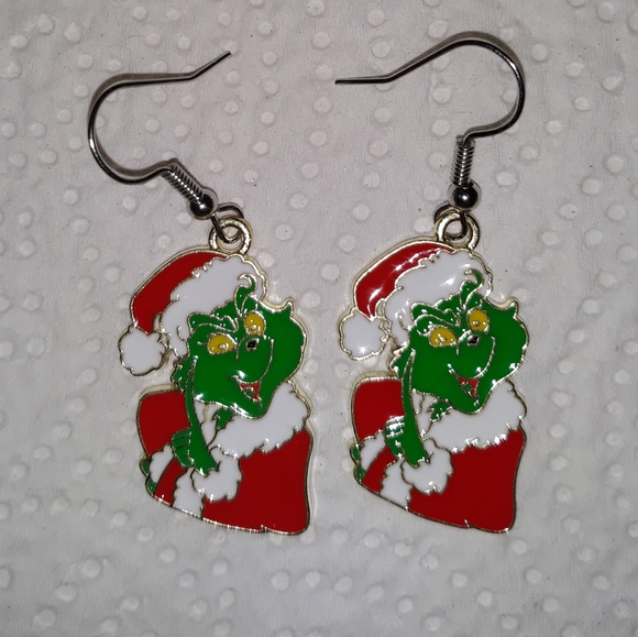 Grinch Dangle Earrings Santa Grinch Head Style NEW - Picture 1 of 7